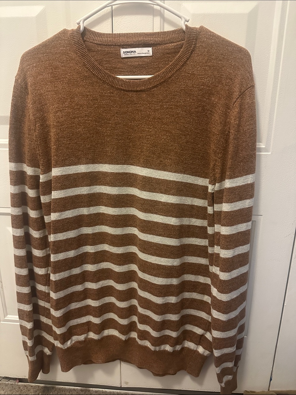 Sonoma Men’s Brown and Cream Striped Crewneck Sweater